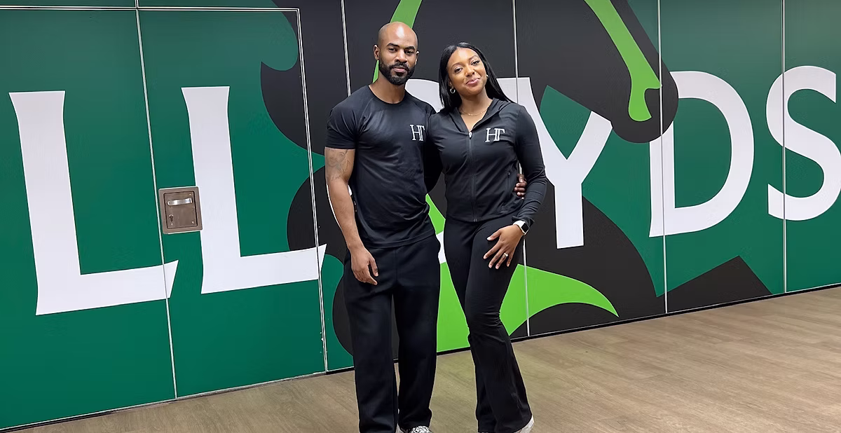 Rianna and Nizar Tackie at the Lloyds pop-up wellness event, delivering corporate Pilates for staff